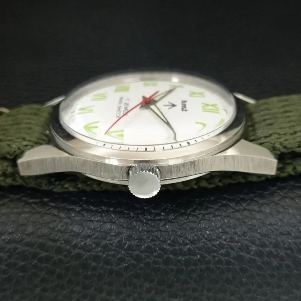 Vintage 1983 HMT Manual Wound Mens Silver Watch & Green accents